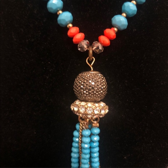 Beaded Long necklace blue orange gold beads cz stones with adjustable sizer NWT - Picture 3 of 7